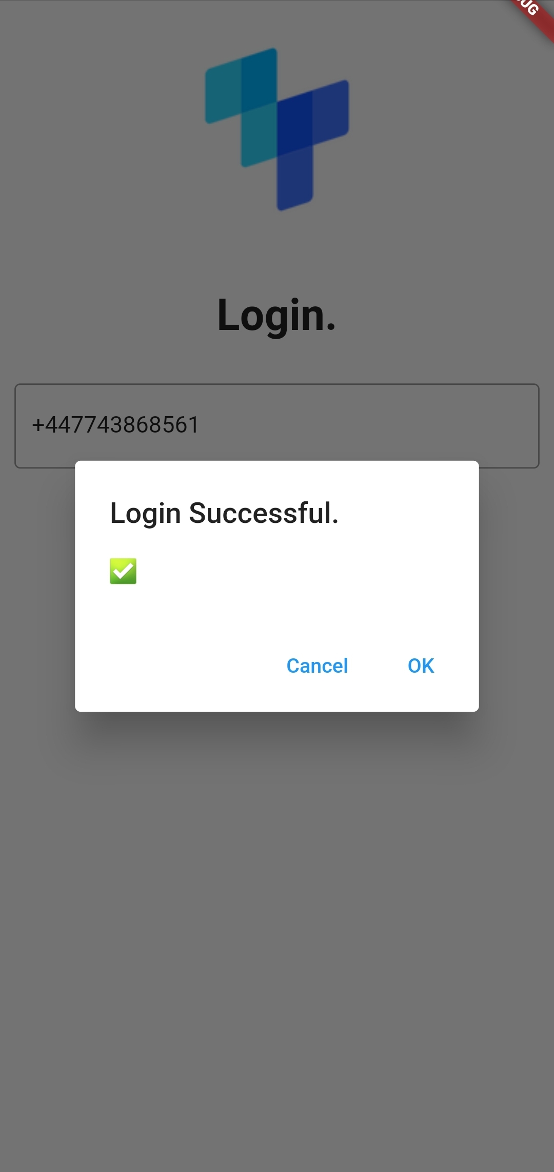 A tru.ID mobile app screen with a modal overlayed with the title 'Registration Successful' and a message containing a green checkmark.