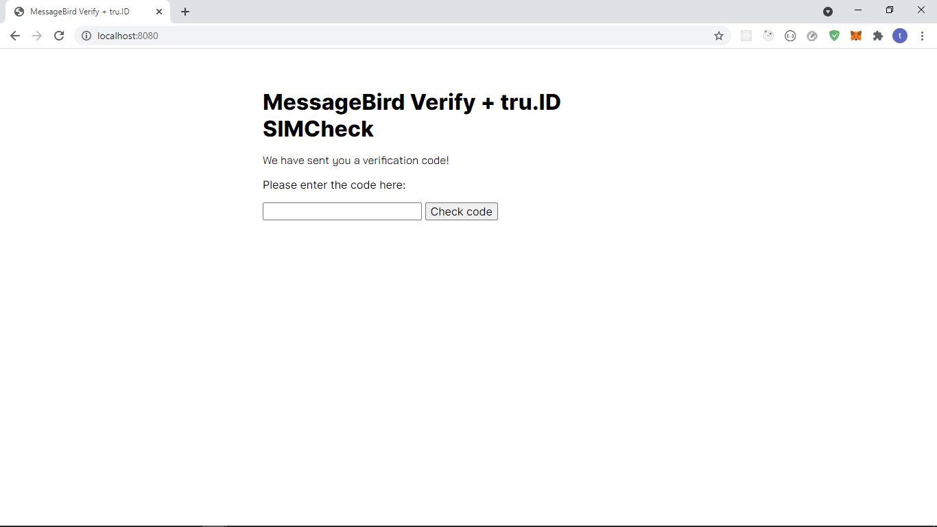 tru.ID + MessageBird 2FA Verify PIN code View
