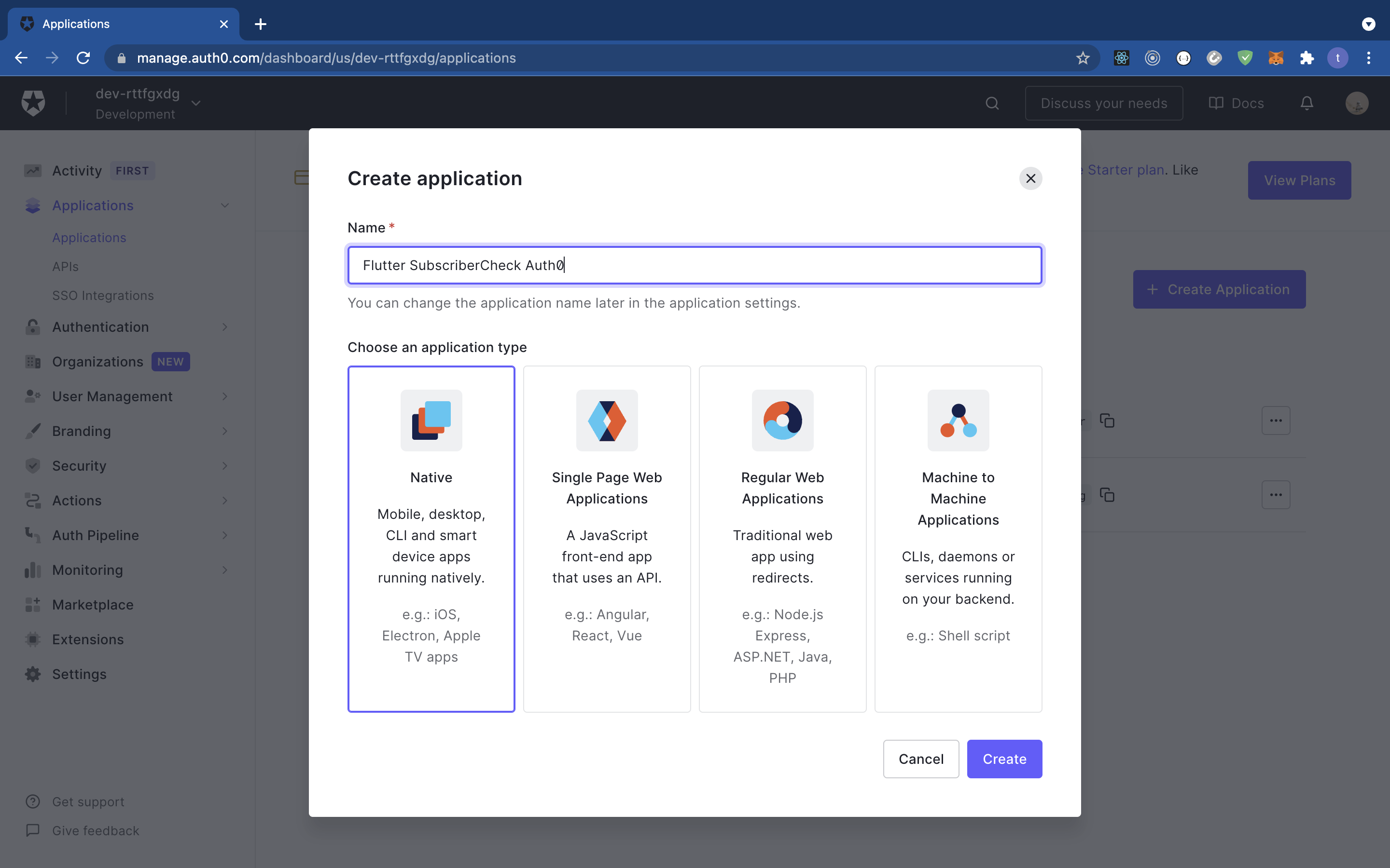 A screenshot of the Auth0 'Create application' dialog, with an input for the application's name, then four large boxes each displaying a type of application required, from a native, single-page web application, regular web applications, and machine to machine applications.