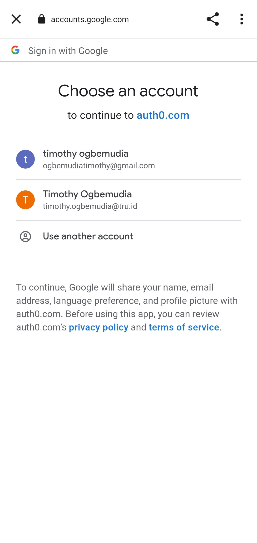 A screenshot of a mobile phone having navigated to the Google social login, to allow users to choose which Google account to authenticate with.