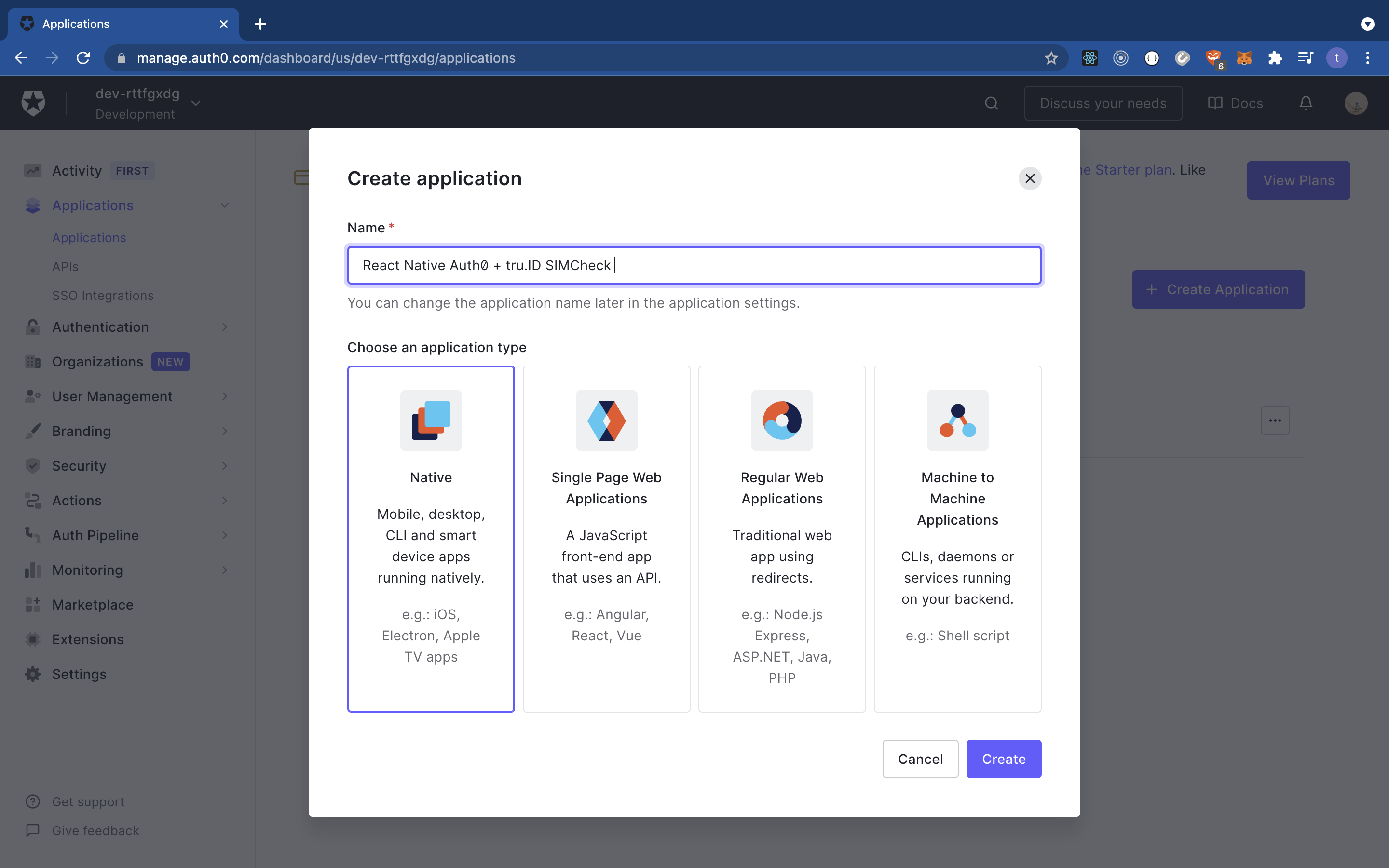 A screenshot of the Auth0 'Create application' dialog, with an input for the application's name, then four large boxes each displaying a type of application required, from native, single-page web application, regular web applications, and machine to machine applications.