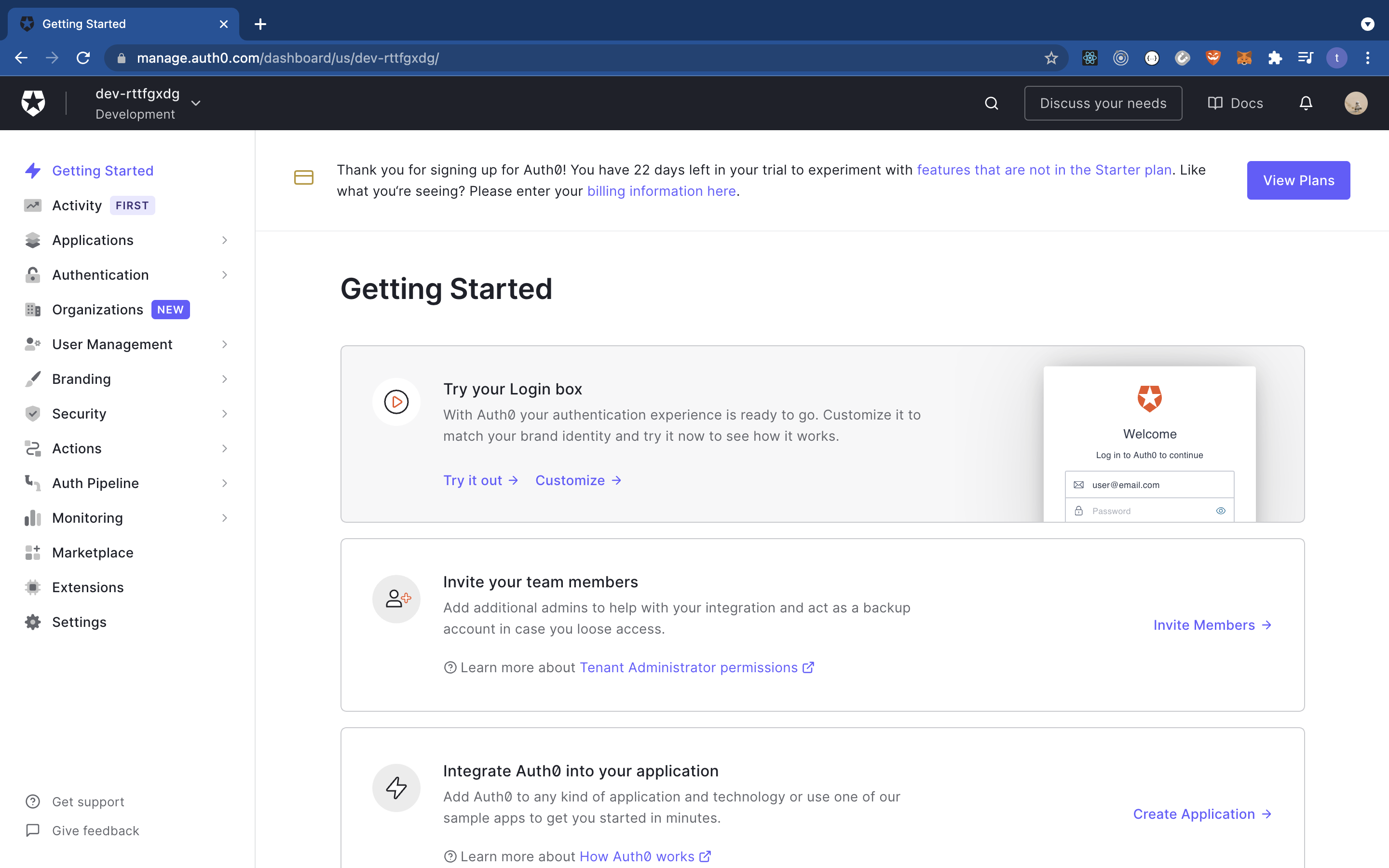 A screenshot of the Auth0 Dashboard, displaying a Getting started flow.
