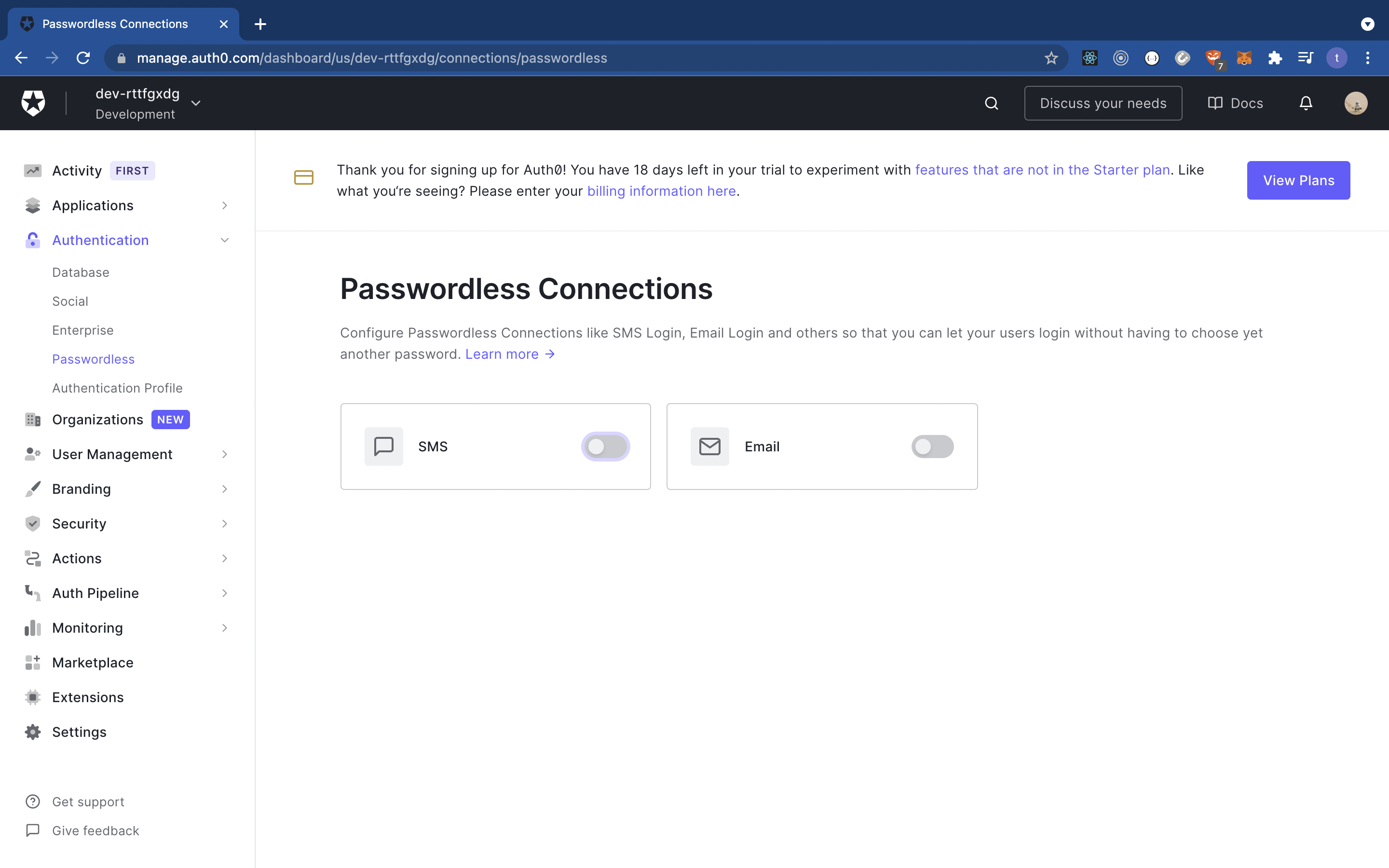 A screenshot of the Auth0 application Passwordless Connections settings tab, allowing users to enable SMS or Email as an option.