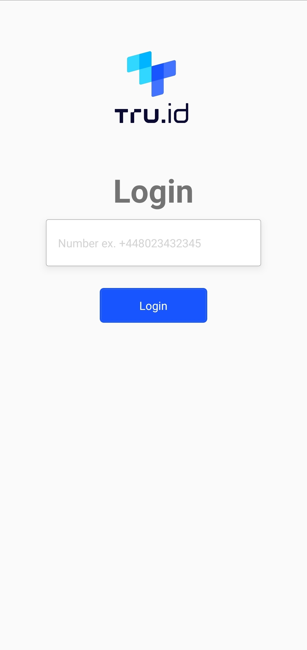 A tru.ID mobile app screen with the tru.ID logo, a phone number text input and a submit button.