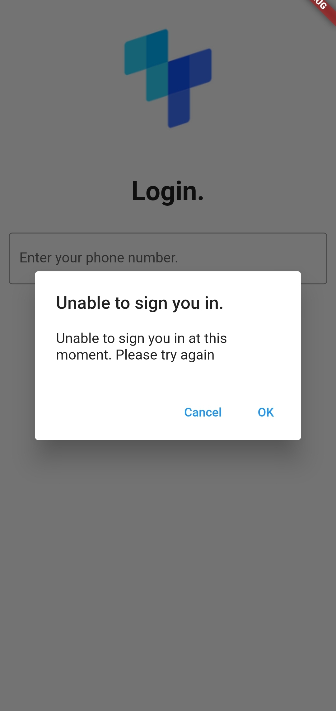 A tru.ID mobile app screen with the tru.ID logo, text that says 'login', an input and a modal dialog overlaid informing the user they could not be signed in.