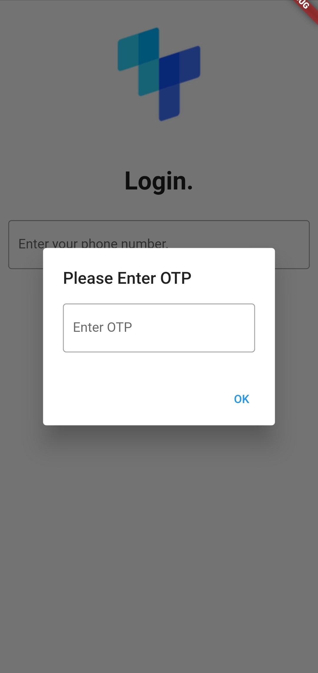 A tru.ID mobile app screen with the tru.ID logo, text that says 'login', an input and a modal dialog overlaid with input for entering the SMS OTP.