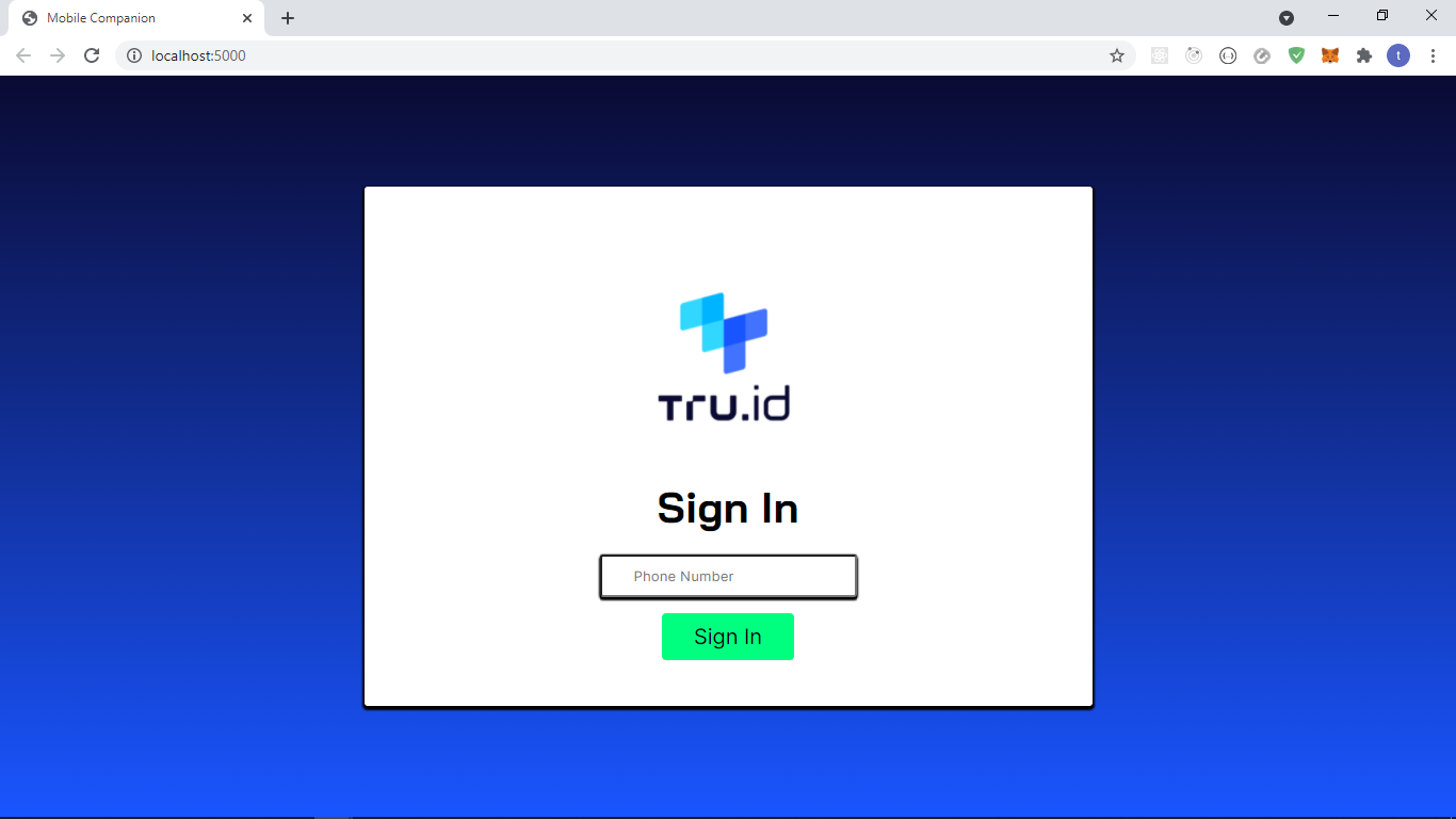 An image showing the example website with a blue gradient background and a white card in the center. In this card is the tru.ID logo, a big letter in bold with the test 'Sign in', text input with the placeholder 'phone number', and a button with a green background, black text labeled 'Sign in'.