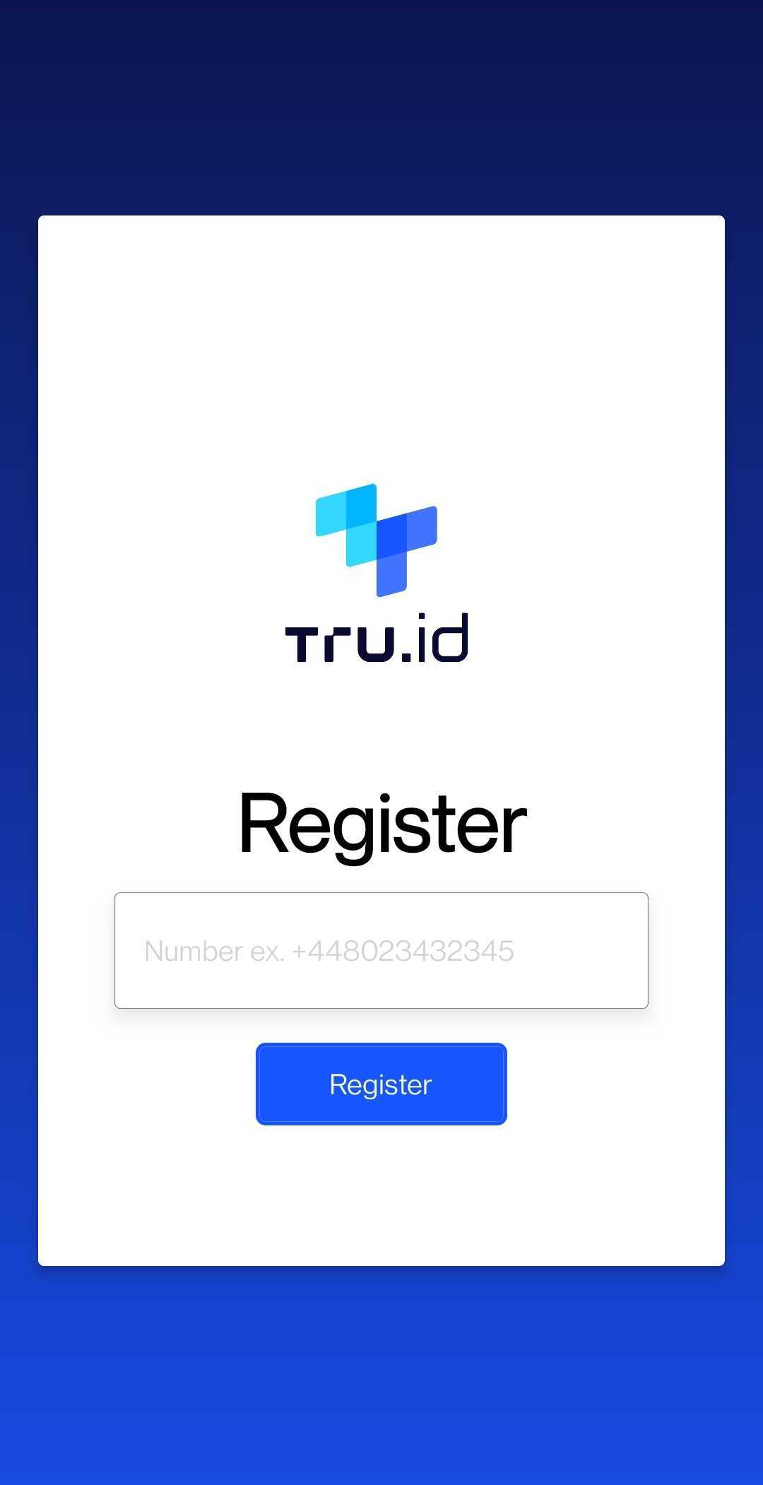 A screenshot of a mobile application, white a blue gradient background, a white card in the center. In this card is the tru.ID logo, a big letter in bold with the test 'Sign in', text input with the placeholder 'phone number', and a button with a green background, black text labeled 'Sign in'.