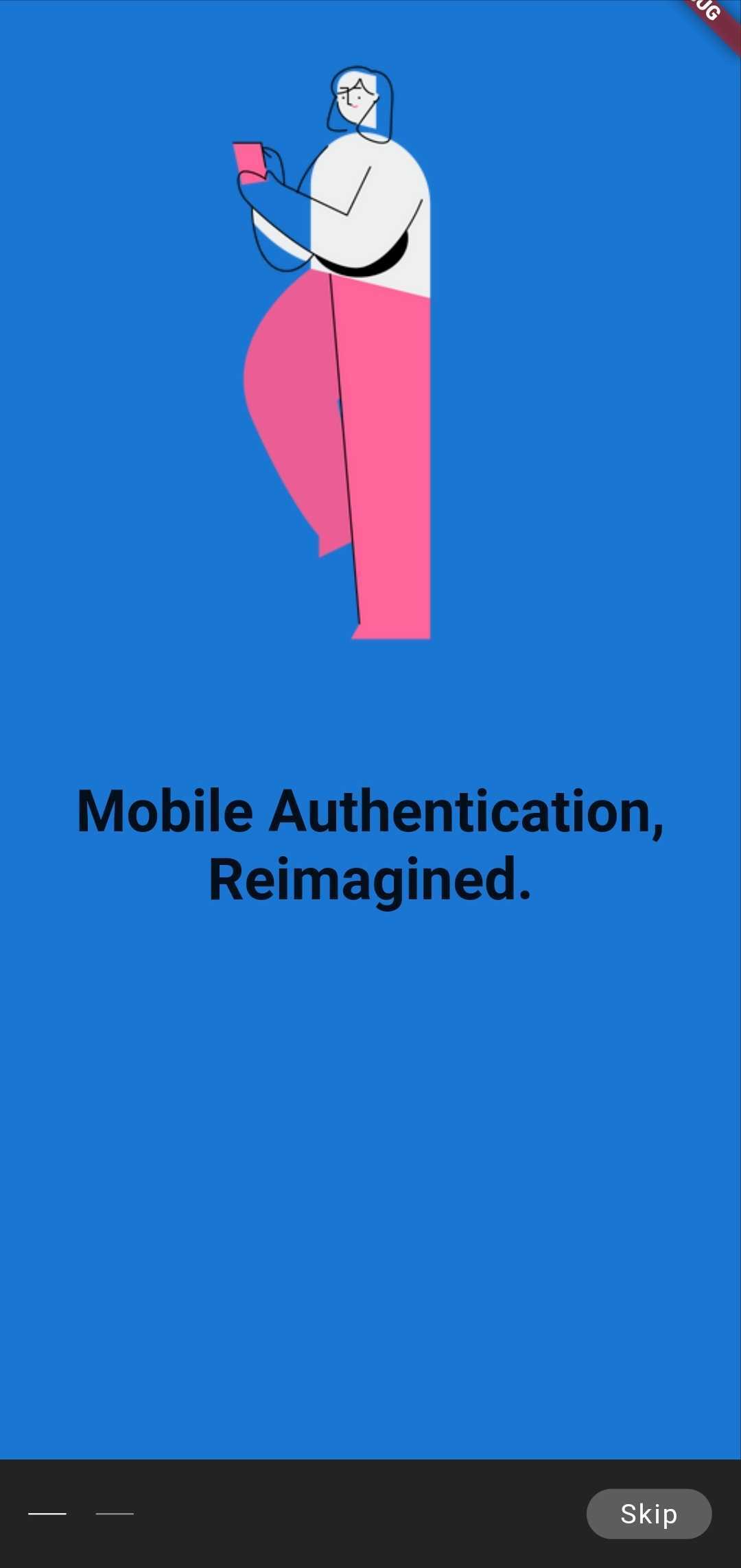 A tru.ID mobile app onboarding screen with a woman using her phone as the background and the text 'Mobile Authentication, Reimagined'