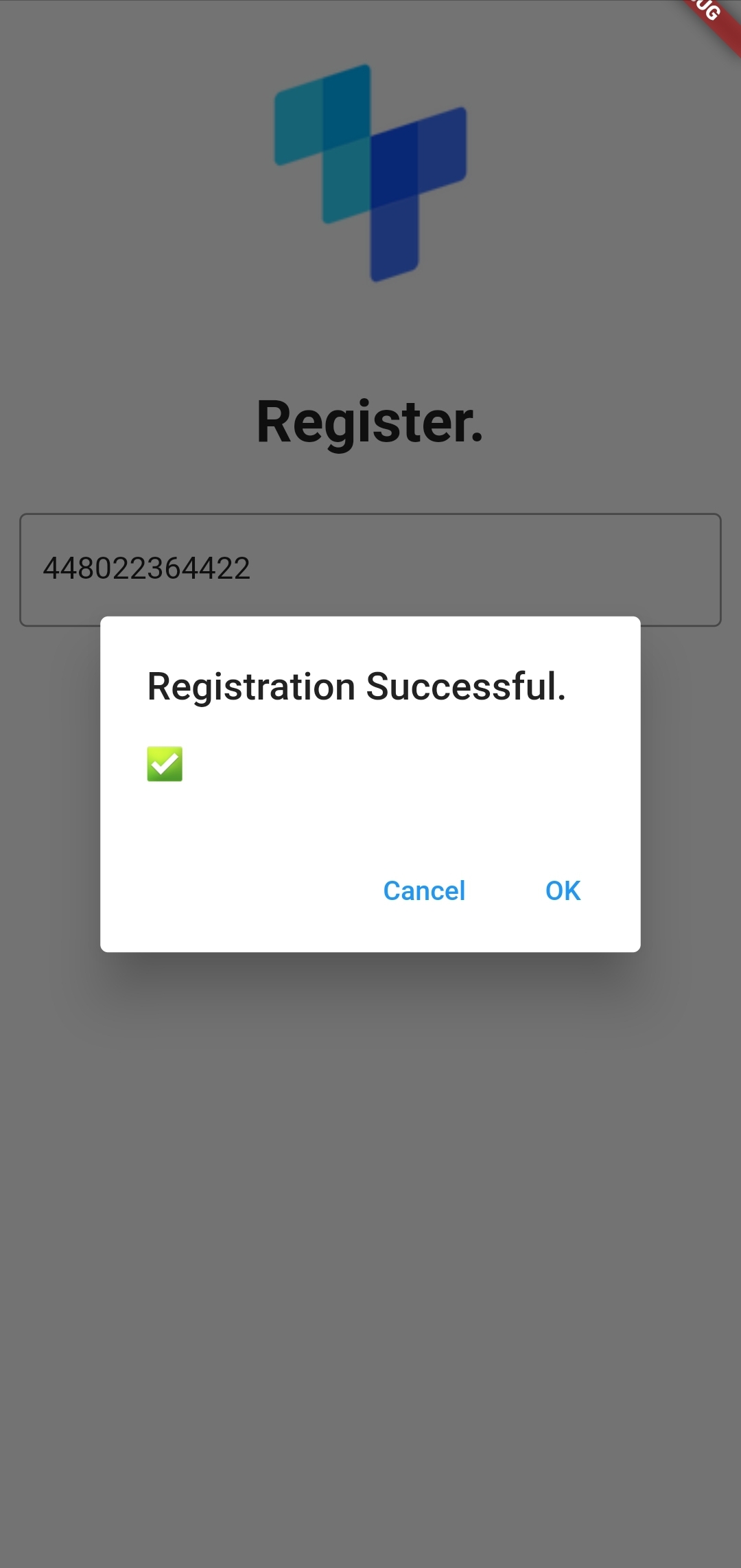 A tru.ID mobile app screen with a modal overlaid with the title 'Registration Successful' and a message containing a green checkmark.