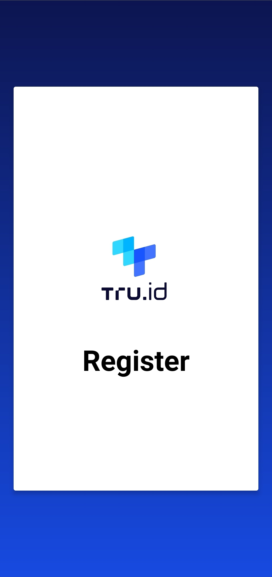 A tru.ID mobile app screen showing a blue background, smaller white box area with a tru.ID logo and a label containing the text 'Register'