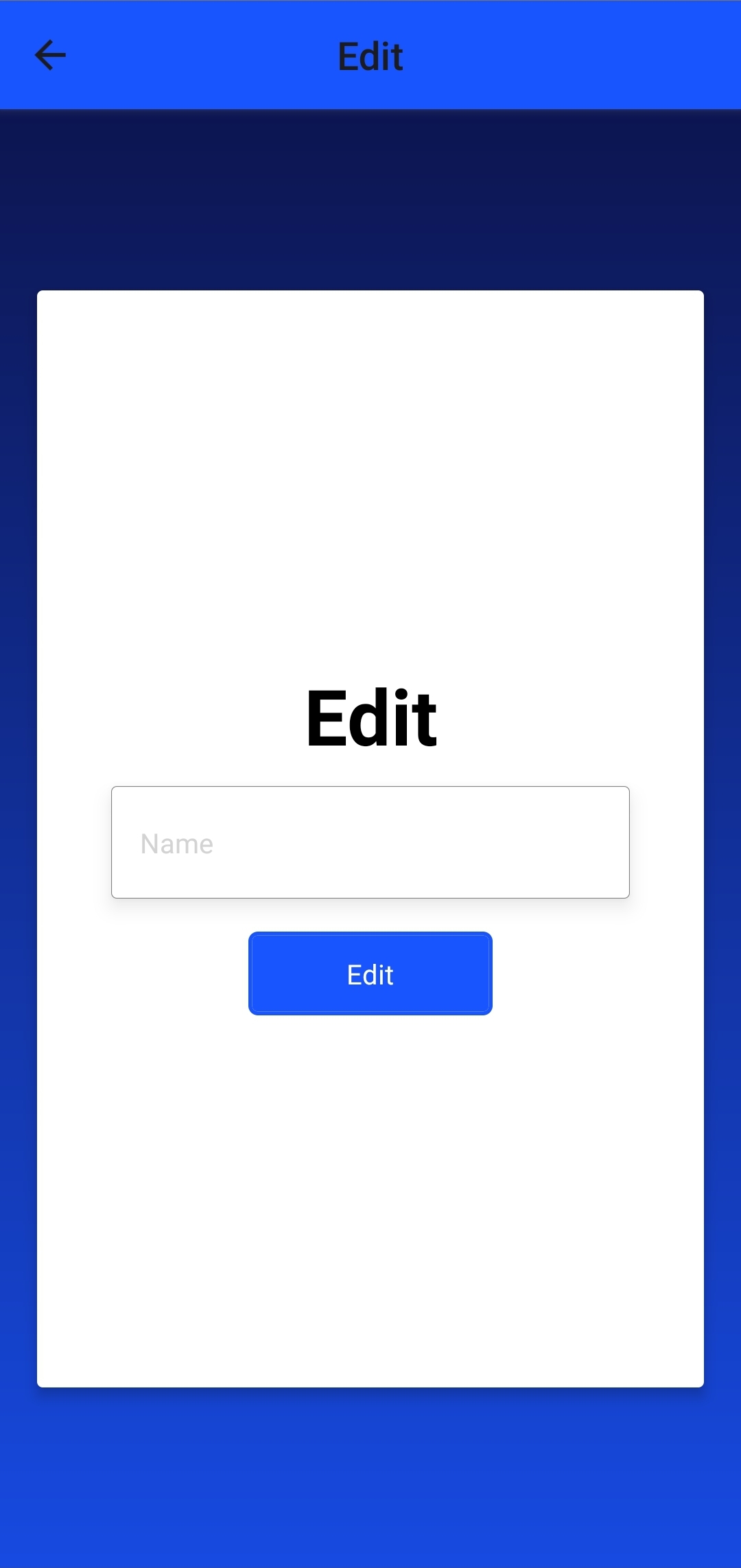 A screenshot of a mobile device running the demo tru.ID application. The background is blue with a white card over the top. On this card is the label 'Edit'. There is also a text input field with the placeholder 'name' and a blue button with the white text 'Edit'.