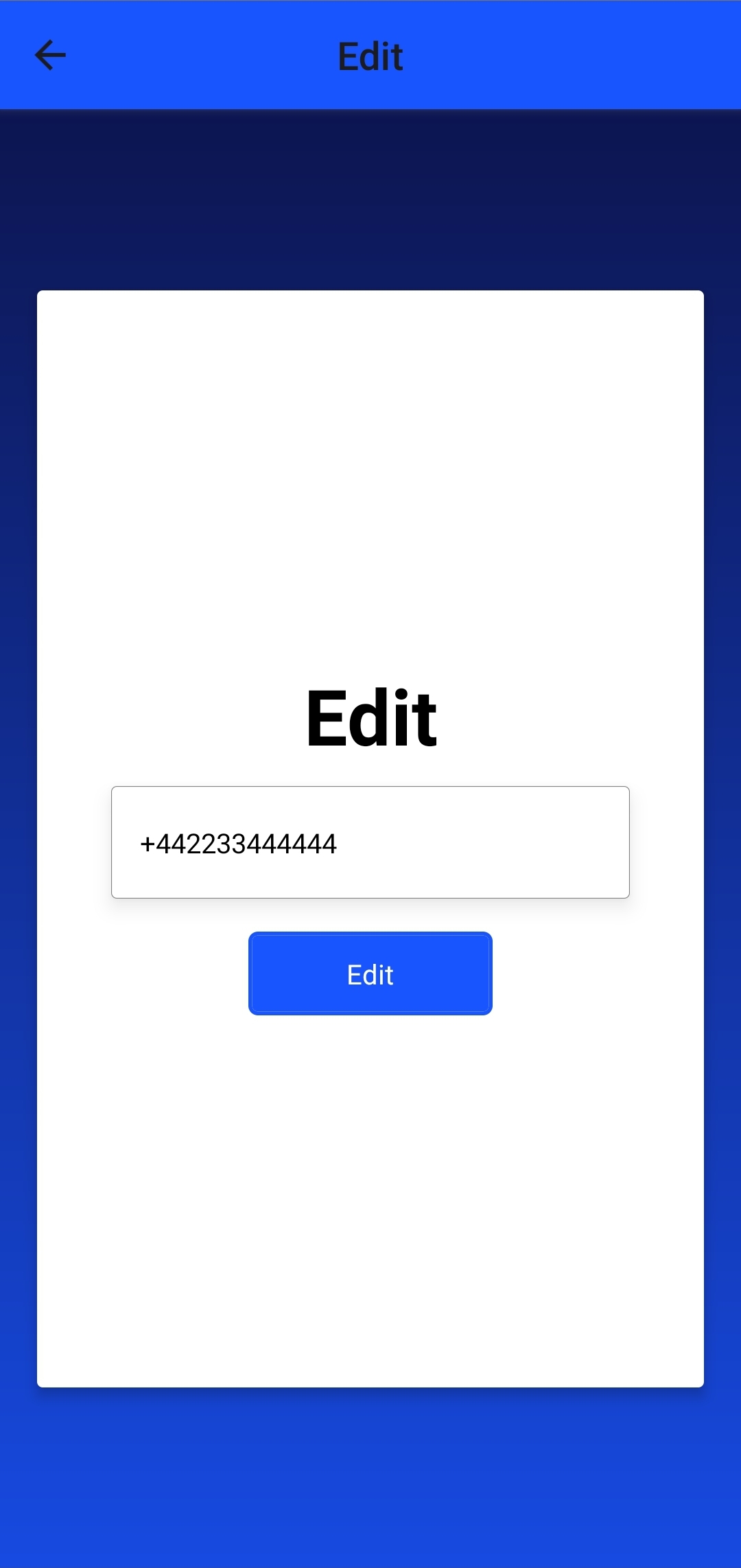 A screenshot of a mobile device running the demo tru.ID application. On this application is a white card, with a label 'Edit', a textinput with a demo phone number, and a blue button labelled 'Edit'