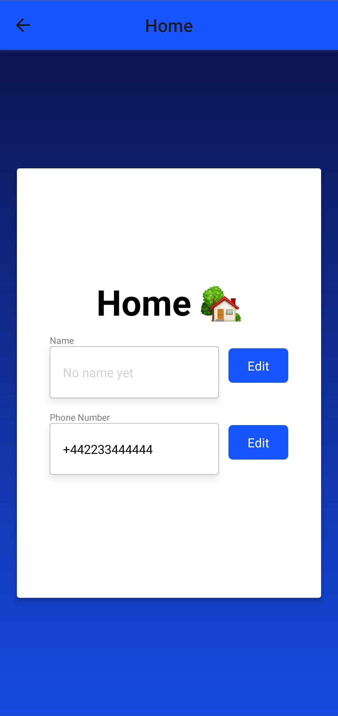 A screenshot of a mobile device running the demo tru.ID application. The background is blue with a white card over the top. On this card is an image of an animated house with the label 'Home'. There are also two text input fields, 'name' and 'phoneNumber'. To the right of each of these is an 'Edit' button.