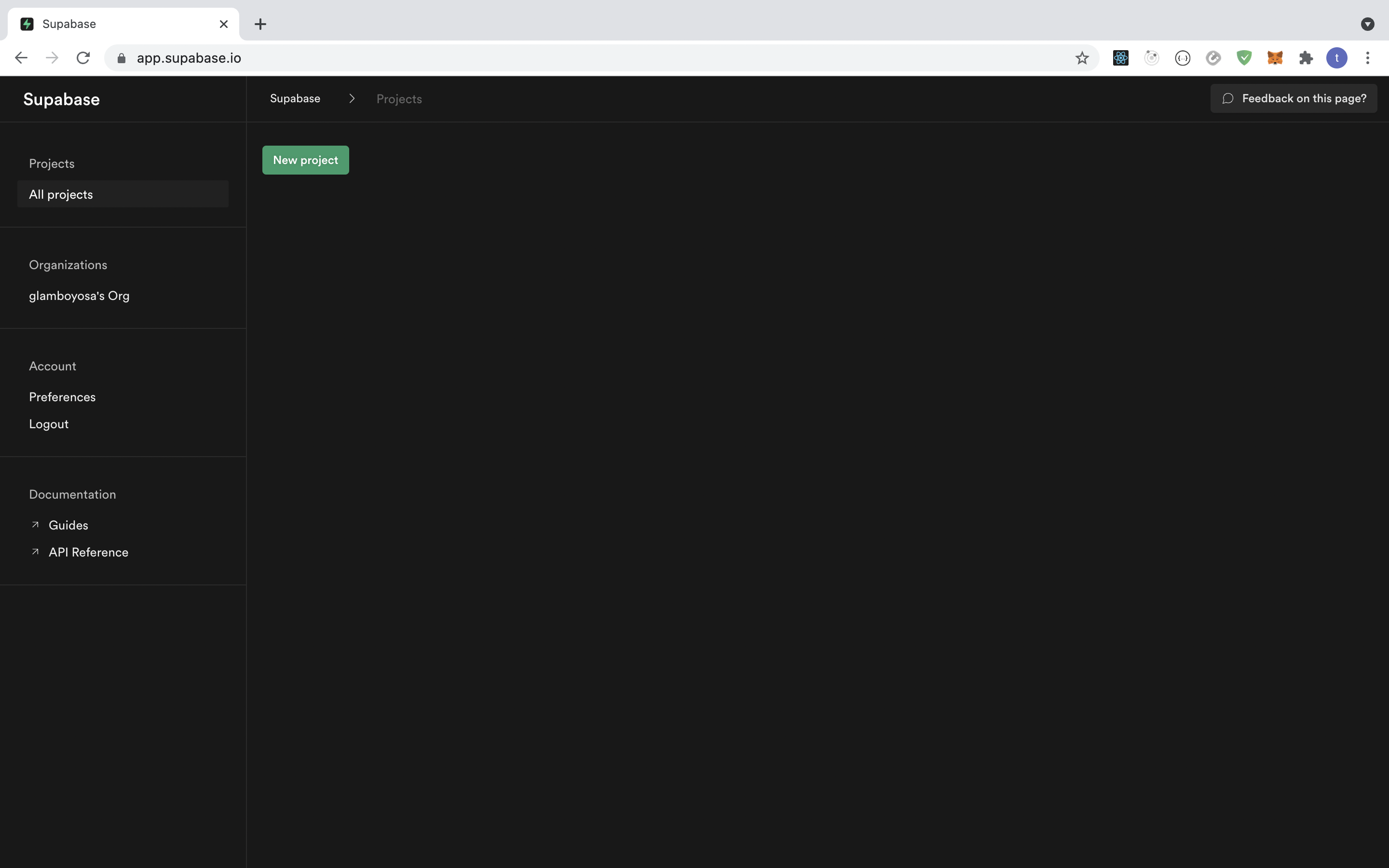 A screenshot of a desktop browser having navigated to `app.supabase.io`. This is the Supabase dashboard, a black background, navigation on the left showing the `All Projects`. Then on the page is a green button with white text labelled `New Project`.