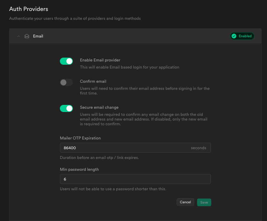 A screenshot of a desktop browser showing the new Supabase project settings. This page displays multiple input fields for the settings of the projects such as 'Site URL', 'JWT Expiry'.
