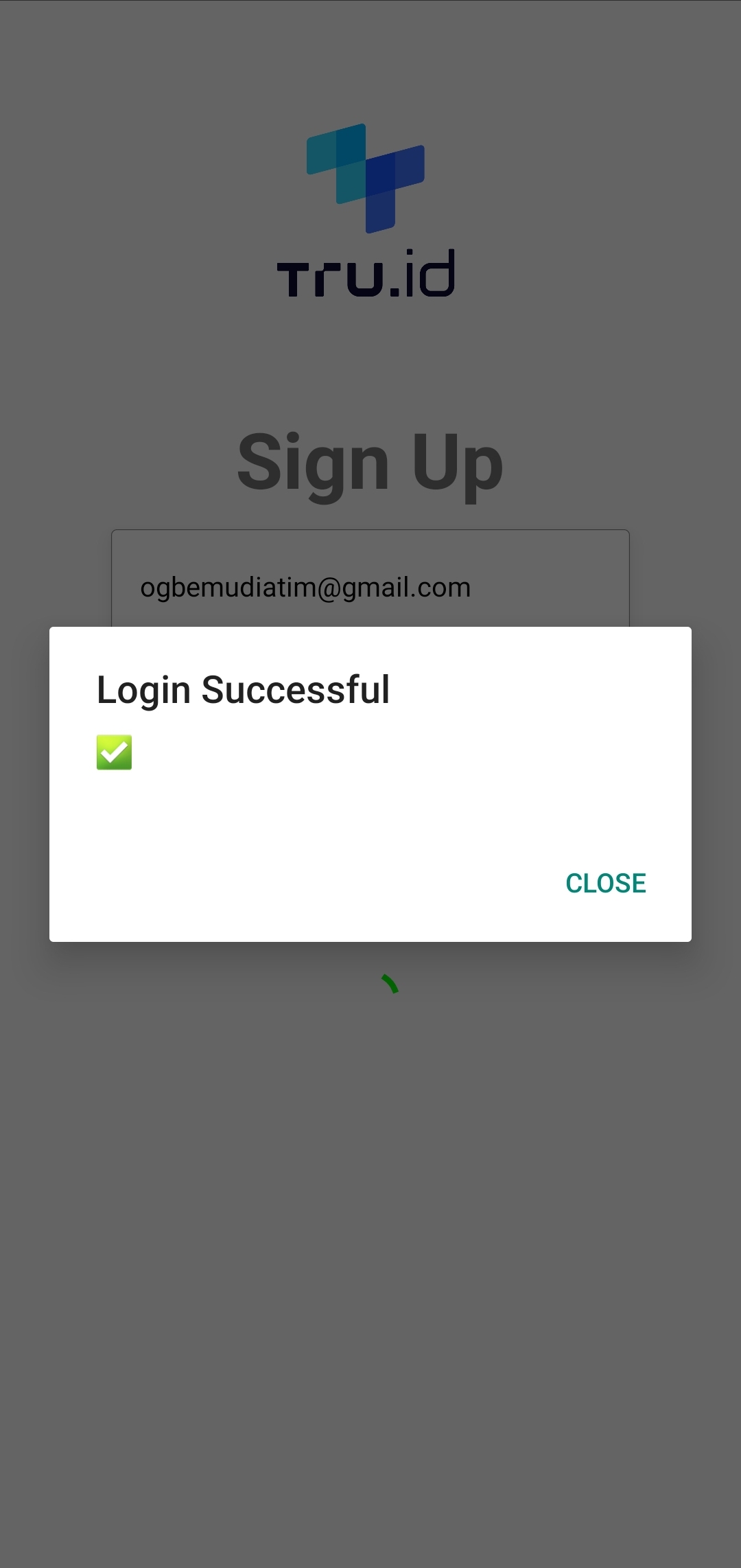 the tru.ID logo with a text that says 'Sign Up' with an email text input and a password text input, a button that says 'sign up' and a modal overlaid with the text 'login successful' and a checkmark emoji.